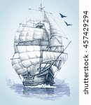 Boat on sea drawing. Sailboat vector sketch