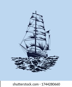 Boat on sea drawing. Sailboat vector sketch