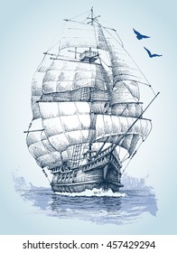 Boat On Sea Drawing. Sailboat Vector Sketch