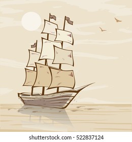 Boat on sea drawing, sailboat sketch, vector illustration