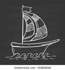 Boat on the sea with hand drawing style and chalkboard background