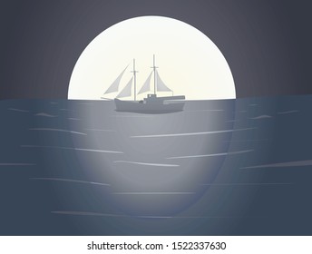 Boat on sea moonlight evening. vector illustration
