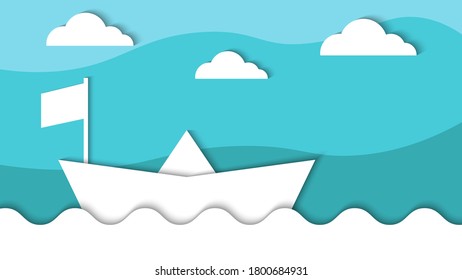 Boat on sea papercut abstract background vector illustration best for background, branding and wallpaper backdrop, flat lay