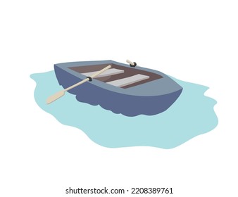 boat on the sea. Rowboat on water. simple vector illustration.  graphic stock image.  fishing boat blue wooden ship.