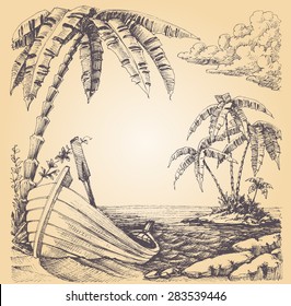 Boat on sea shore, tropical island and palm tree