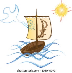 Boat on the sea as the symbol of the Christian Church. Sailing towards the Sun from the storm and darkness, helped by the Holy Spirit.