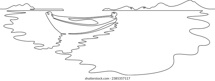 Boat on the shore. Seascape. Bay. Sea shore. Boat on the sand. Mountain cape. One continuous line drawing. Linear. Hand drawn, white background. One line.