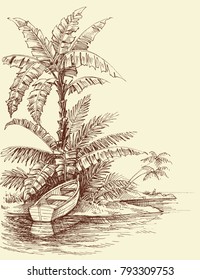 Boat on shore, tropical island drawing. Relaxation and water sports concept