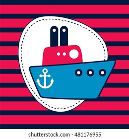 boat on striped background, T-shirt design for kids vector illustration