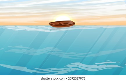 Barco en la superficie del mar. Paisaje vectorial realista