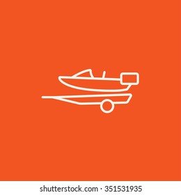 Boat on a trailer for transportation line icon for web, mobile and infographics. Vector white icon isolated on red background.