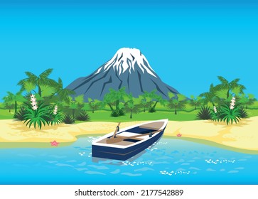 Boot auf einem tropischen Strand. Vektorgrafik eines Sommerurlaubs am Meer. Sommerlandschaft im flachen Stil.