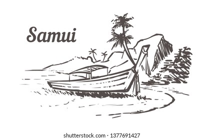 Boat on the water near the beach with palm trees and stones.  Samui hand drawn sketch illustration.Isolated on white background.