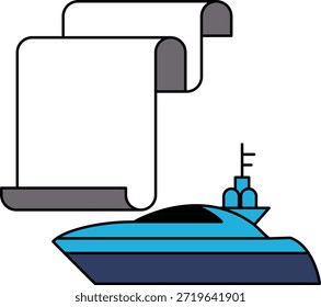 A boat is on the water next to a scroll. The scroll is white and black. The boat is small and the scroll is large