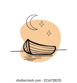 
boat on the water under the night sky hand drawn icon contour on the white backround