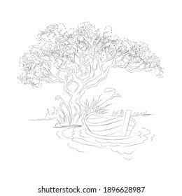 Boat on water under the tree sketch wallpaper