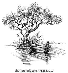 Boat on water under the tree sketch wallpaper