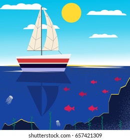 Boat on water. Vector art.  Illustration of sailing boat. 