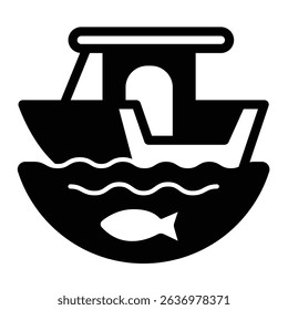 Boat on water waves and fish solid icon, eco tourism concept. Vector graphics. Fishing motorboat, water transport sign on white background, style mobile or design