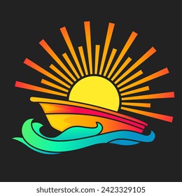 Boat on water with waves and sun coming out from behind with sunshine rays. Beautiful sunset scene in abstract art style can be used as a logo or sticker for decor. 