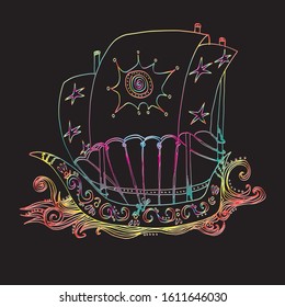 Boat on the waves. Bright pattern. Hand drawn sketch. Clear outline.