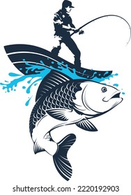 Boat on the waves and a fisherman. The fisherman caught a big fish. Design for fishing