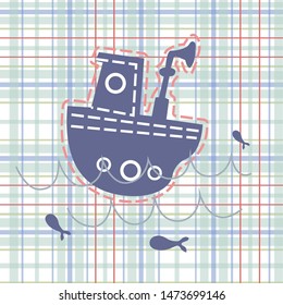 boat on the waves with fishes in cartoon style on a striped background