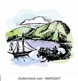 The boat on the waves near the shore. Yacht illustration. Beach view. Watercolor landscape. Vector illustration