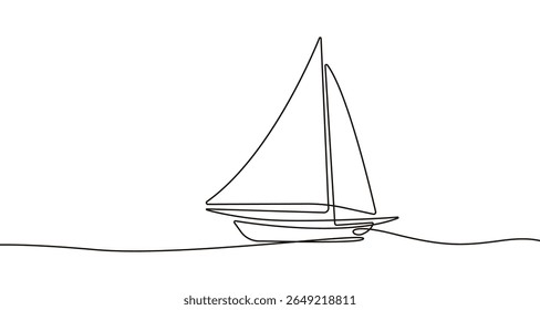 Boat One Line Drawing, Vector Continuous Single Line Art Isolated on White Background. Fishing Boat Minimalism Hand Drawn Style. Minimalist Sketch Contour Art. Not AI