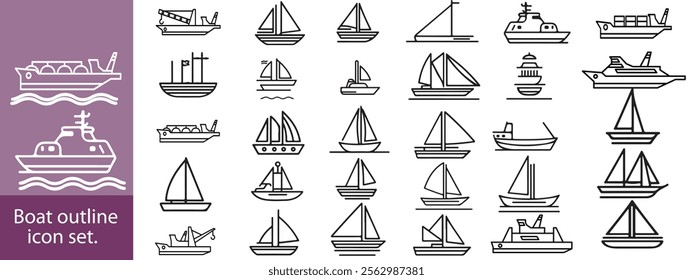 Boat outline icon set. Yacht, icon set. yachts motor boats, linear icons. Boat Icon Vector Illustration.