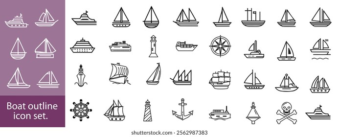 Boat outline icon set. Yacht, icon set. yachts motor boats, linear icons. Boat Icon Vector Illustration.