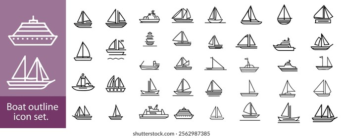 Boat outline icon set. Yacht, icon set. yachts motor boats, linear icons. Boat Icon Vector Illustration.