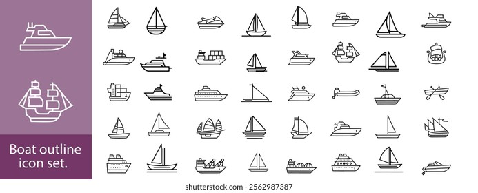 Boat outline icon set. Yacht, icon set. yachts motor boats, linear icons. Boat Icon Vector Illustration.