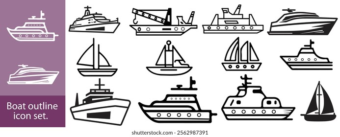 Boat outline icon set. Yacht, icon set. yachts motor boats, linear icons. Boat Icon Vector Illustration.