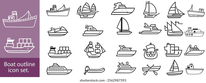 Boat outline icon set. Yacht, icon set. yachts motor boats, linear icons. Boat Icon Vector Illustration.