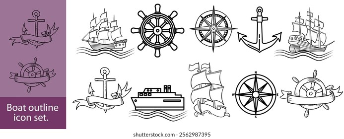 Boat outline icon set. Yacht, icon set. yachts motor boats, linear icons. Boat Icon Vector Illustration.