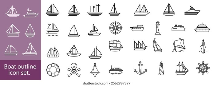 Boat outline icon set. Yacht, icon set. yachts motor boats, linear icons. Boat Icon Vector Illustration.