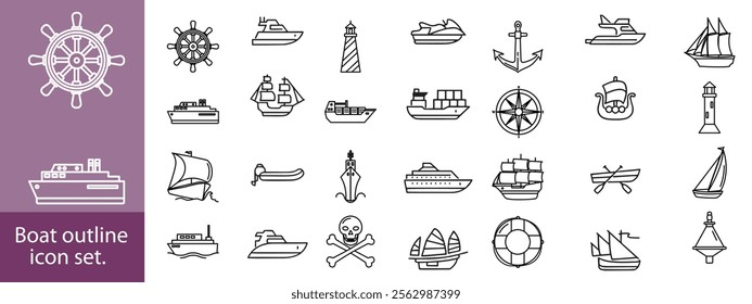 Boat outline icon set. Yacht, icon set. yachts motor boats, linear icons. Boat Icon Vector Illustration.