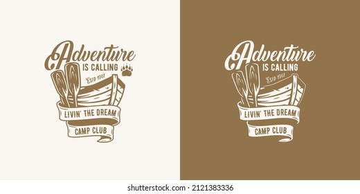 Boat and paddle for travel in camping. Emblem of rowboat for outdoor for travel outside. Wanderlust in camp or adventure illustration