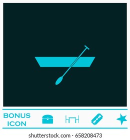 Boat with paddles icon flat. Blue pictogram on dark background. Vector illustration symbol and bonus icons