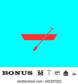 Boat with paddles icon flat. Red pictogram on blue background. Vector illustration symbol and bonus buttons Music center, corkscrew, credit card, house, drum