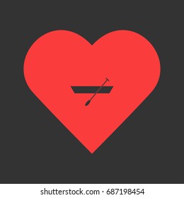 Boat with paddles icon flat. Simple pictogram on heart background. Vector illustration symbol