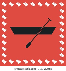 Boat with paddles icon flat. Simple black pictogram on red background with white hearts for valentines day. Vector illustration symbol