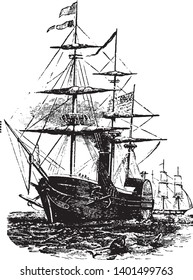 Boat with paddlewheel is a small human powered watercraft propelled by the action of pedals turning a paddle wheel, vintage line drawing or engraving illustration.