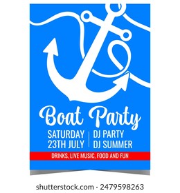 Anuncio o volante de la fiesta del barco con el ancla del barco en el fondo azul. Plantilla de invitación para la celebración de cumpleaños en un yate, viaje por mar en un velero, relajante evento de baile disco o noche de verano.