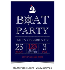 Boat party invitation banner, poster, leaflet or flyer to celebrate the start of the sunshine summer, exotic vacation season, riding a sailing yacht on the waves of the sea or lake water surface.