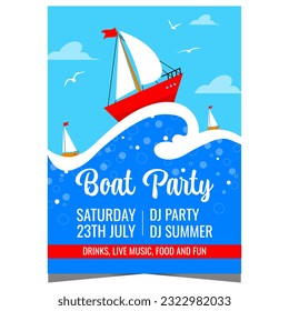 Boat party poster for summer vacation or holiday with red pleasure yacht sailing on the sea waves. Vector illustration suitable for boat party invitation, marine cruise or journey promo banner.