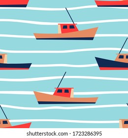 Boat pattern for summer vacation vibes. Nautical seamless background. Sailboat design. Vector illustration.