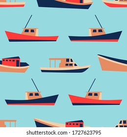 Boat pattern for summer vacation vibes. Nautical seamless background. Sailboat design. Vector illustration.