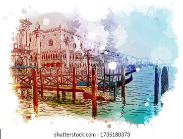 Pier de barco en el Gran Canal. Piazza San Marco con el Palacio de Doge de fondo. Venecia, Italia. Diseño de época. Esbozo lineal en un fondo texturado de color acuático. ilustración vectorial EPS10